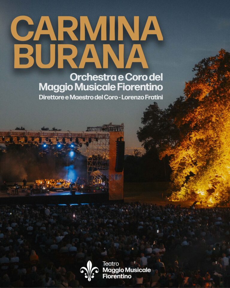 locandina con informazioni sull'evento e foto di un precedente concerto del maggio musicale nel parco di pratolino