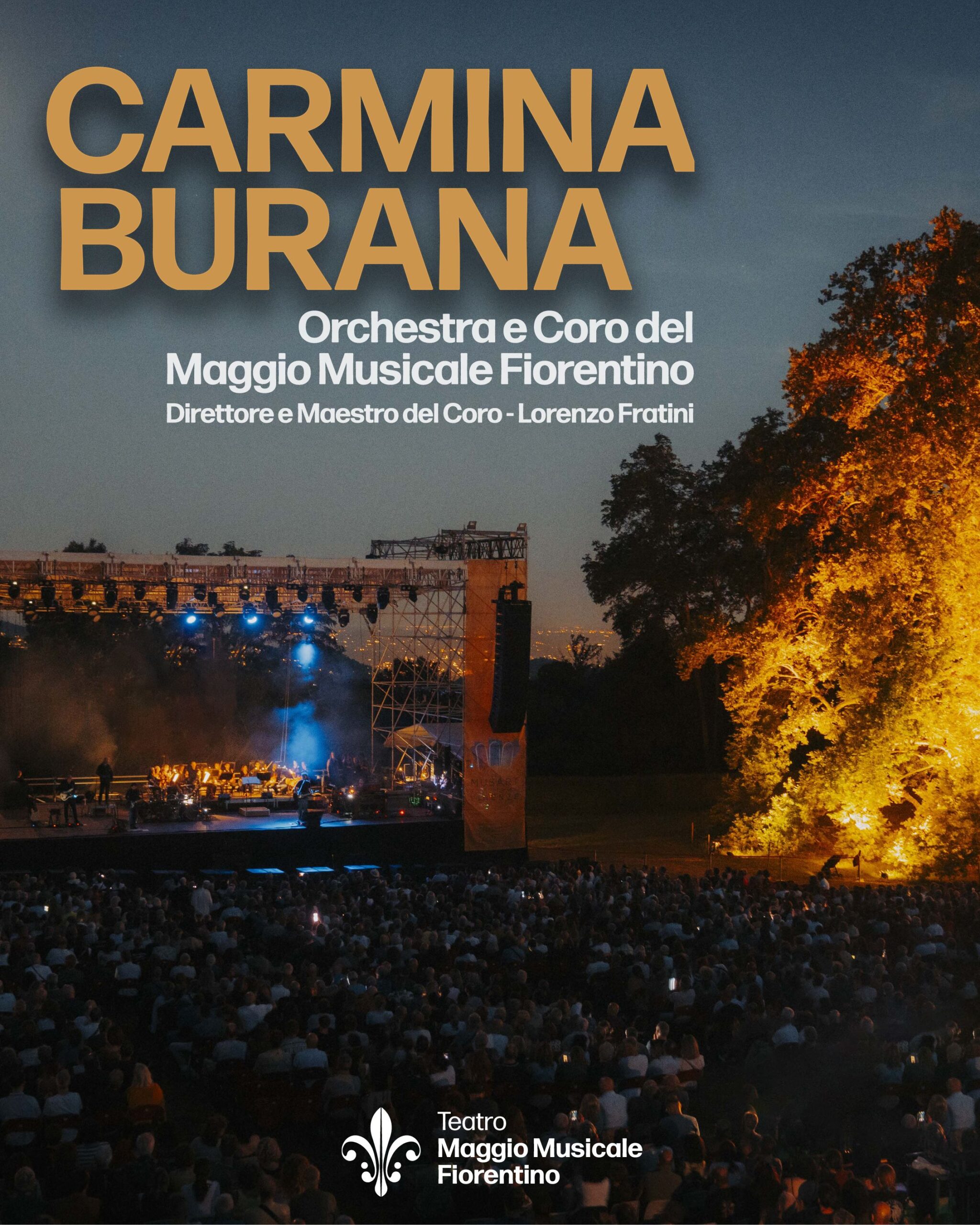 locandina con informazioni sull'evento e foto di un precedente concerto del maggio musicale nel parco di pratolino