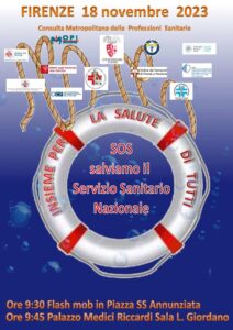 locandina con salvagente con scritto: "Insieme per la salute di tutti": il 18 novembre flash-mob in Santissima Annunziata e convegno sulla sanità pubblica in Palazzo Medici Riccardi