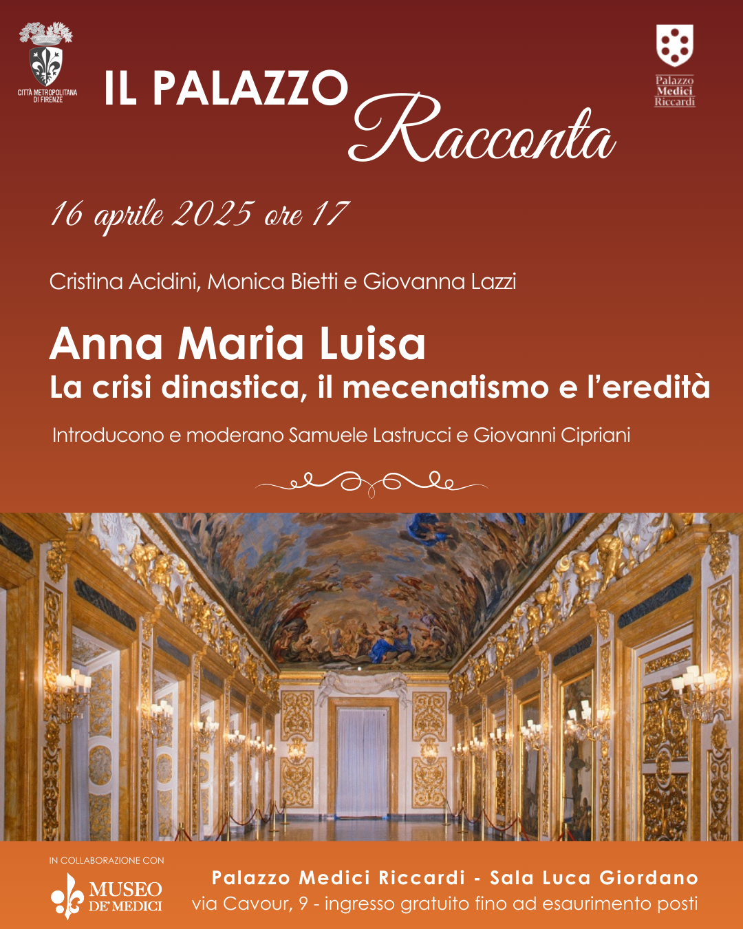 locandina palazzo racconta del 16 aprile con indicazioni sull'incontro; nella parte inferiore foto della sala luca giordano