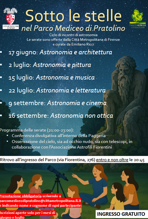 locandina con informazioni sull'evento,sul lato destro porzione del gigante, in basso figure con binocolo
