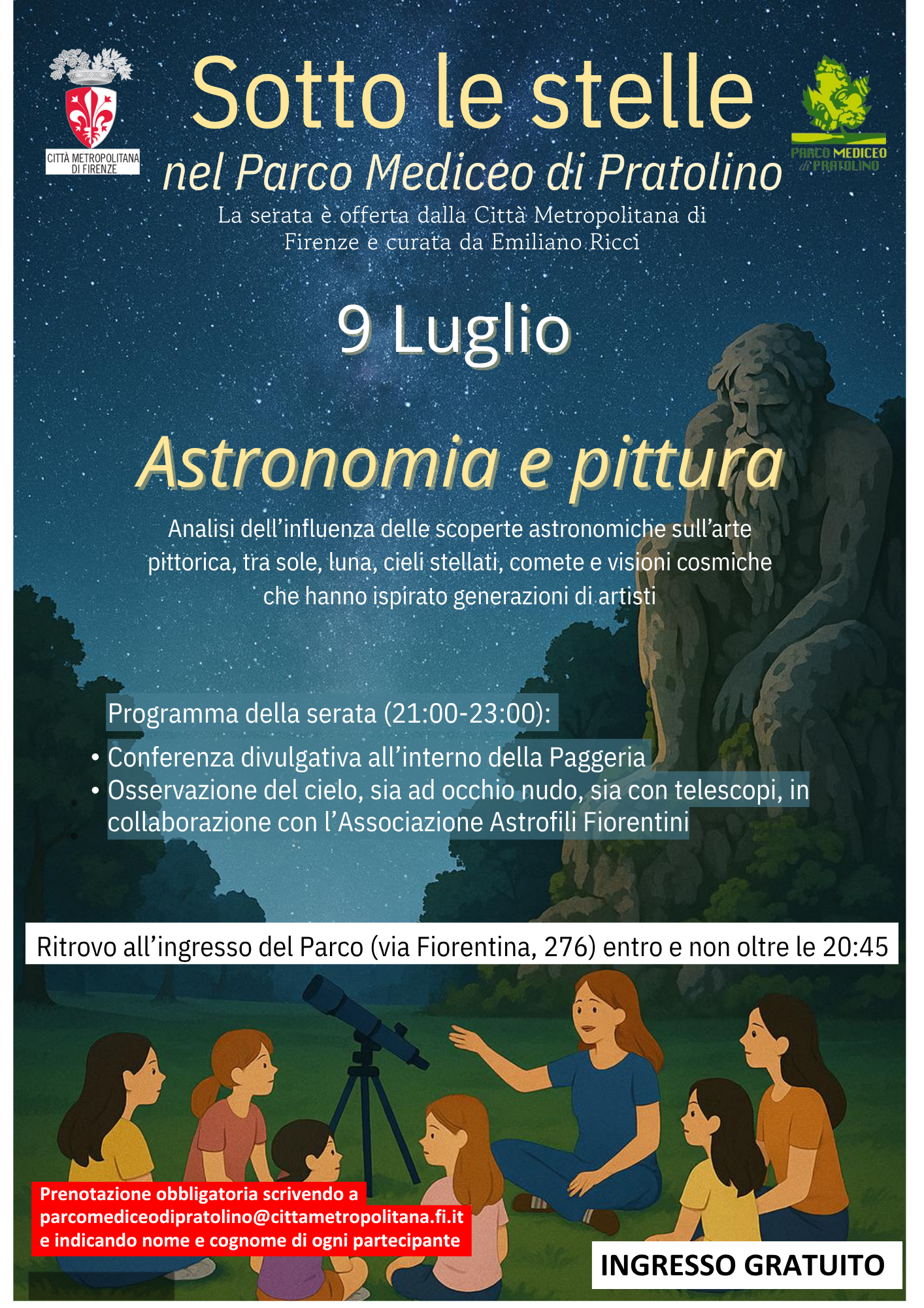 locandina con indicazioni per evento del 9 luglio a Pratolino