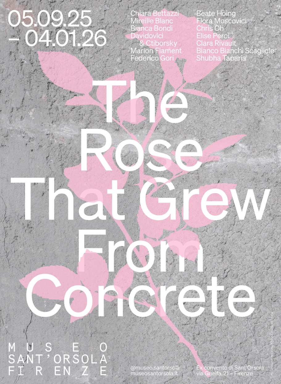 titolo della mostra in bianco, sullo sfondo la sagoma in rosa di una rosa (gambo, foglie e fiore)