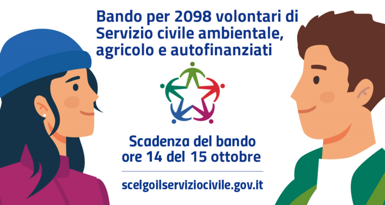 Bando per volontari servizio civile 2025- locandina con indicazioni al centro, disegno di un ragazzo e una ragazza ai lati di profilo