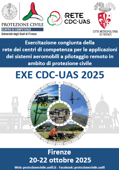locandina con indicazioni sull'evento Esercitazione di protezione civile, - 20-22 ottobre 2025 - loghi e 4 immagini di droni