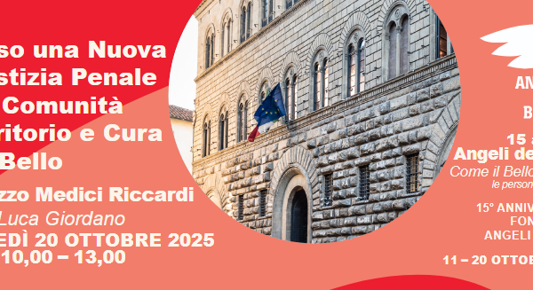 locandina con indicazioni sull'evento, loghi e in un cerchio centrale, dettaglio della facciata di Palazzo Medici Riccardi