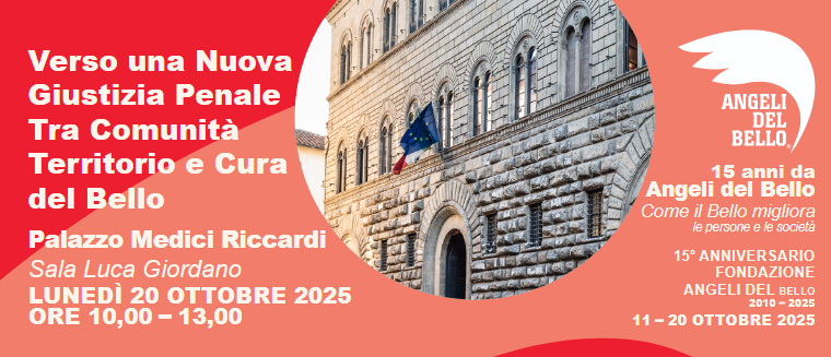 locandina con indicazioni sull'evento, loghi e in un cerchio centrale, dettaglio della facciata di Palazzo Medici Riccardi
