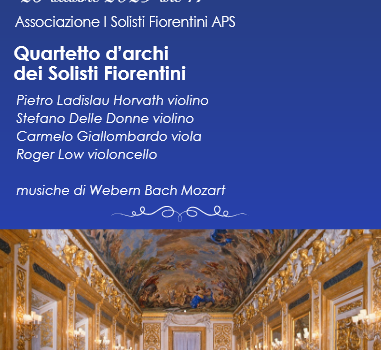 Il palazzo suona. Locandina evento Quartetto d'archi dei solisti fiorentini, 28 ottobre 2025 ore 17, musiche di Webern Bach Mozart