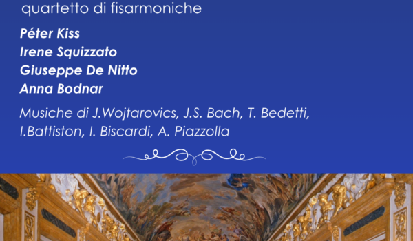 locandina con informazioni sul concerto Florence Acco Quartet del 7 novembre alle 17 e foto del salone Luca Giordano che lo ospiterà