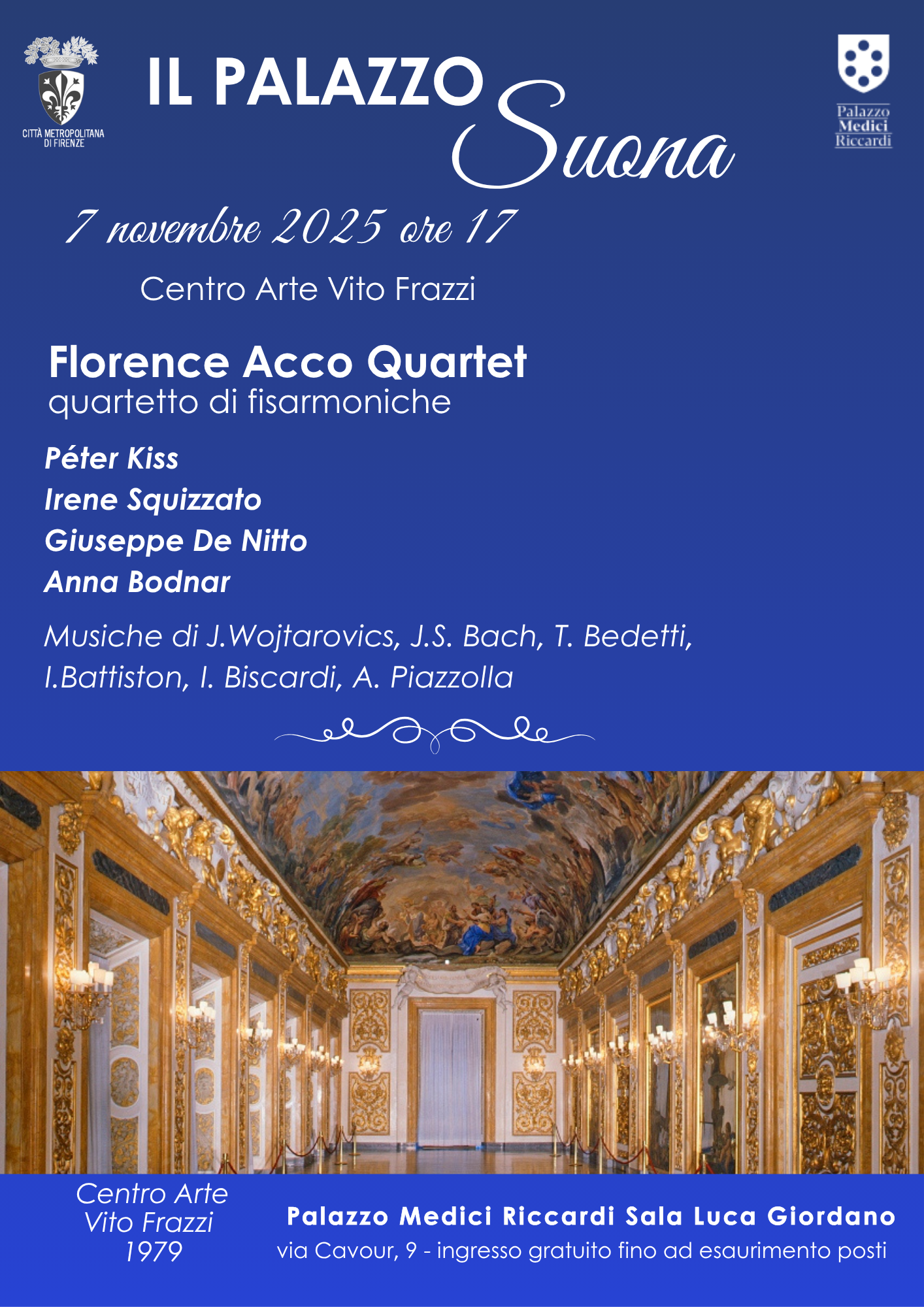 locandina con informazioni sul concerto Florence Acco Quartet del 7 novembre alle 17 e foto del salone Luca Giordano che lo ospiterà