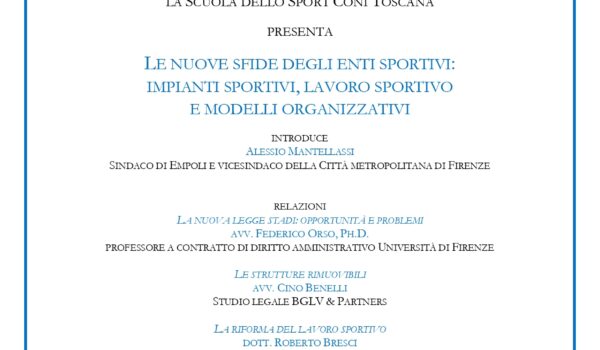 locandina con informazioni sull'evento 'le nuove sfide degli enti sportivi' in sala Giordano il 28 novembre 2025