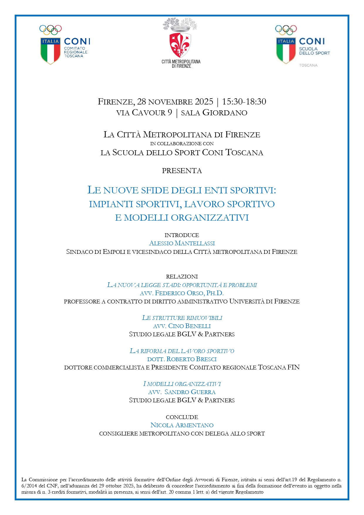 locandina con informazioni sull'evento 'le nuove sfide degli enti sportivi' in sala Giordano il 28 novembre 2025