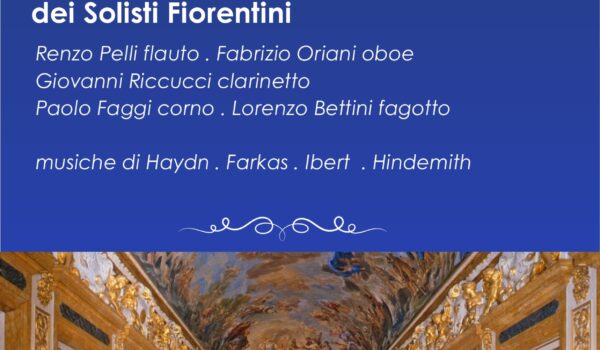 locandina concerto 26 novembre 2025 ore 17 quintetto a fiato dei solisti fiorentini e foto del salone Luca Giordano che lo ospiterà