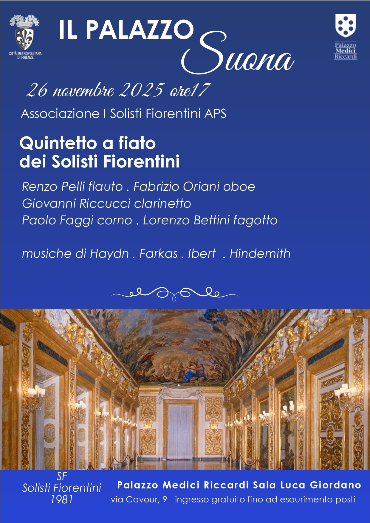 locandina concerto 26 novembre 2025 ore 17 quintetto a fiato dei solisti fiorentini e foto del salone Luca Giordano che lo ospiterà