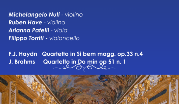 locandina con informazioni sul concerto del 5 dicembre del quartetto Kantor e foto del salone Luca Giordano che lo ospiterà