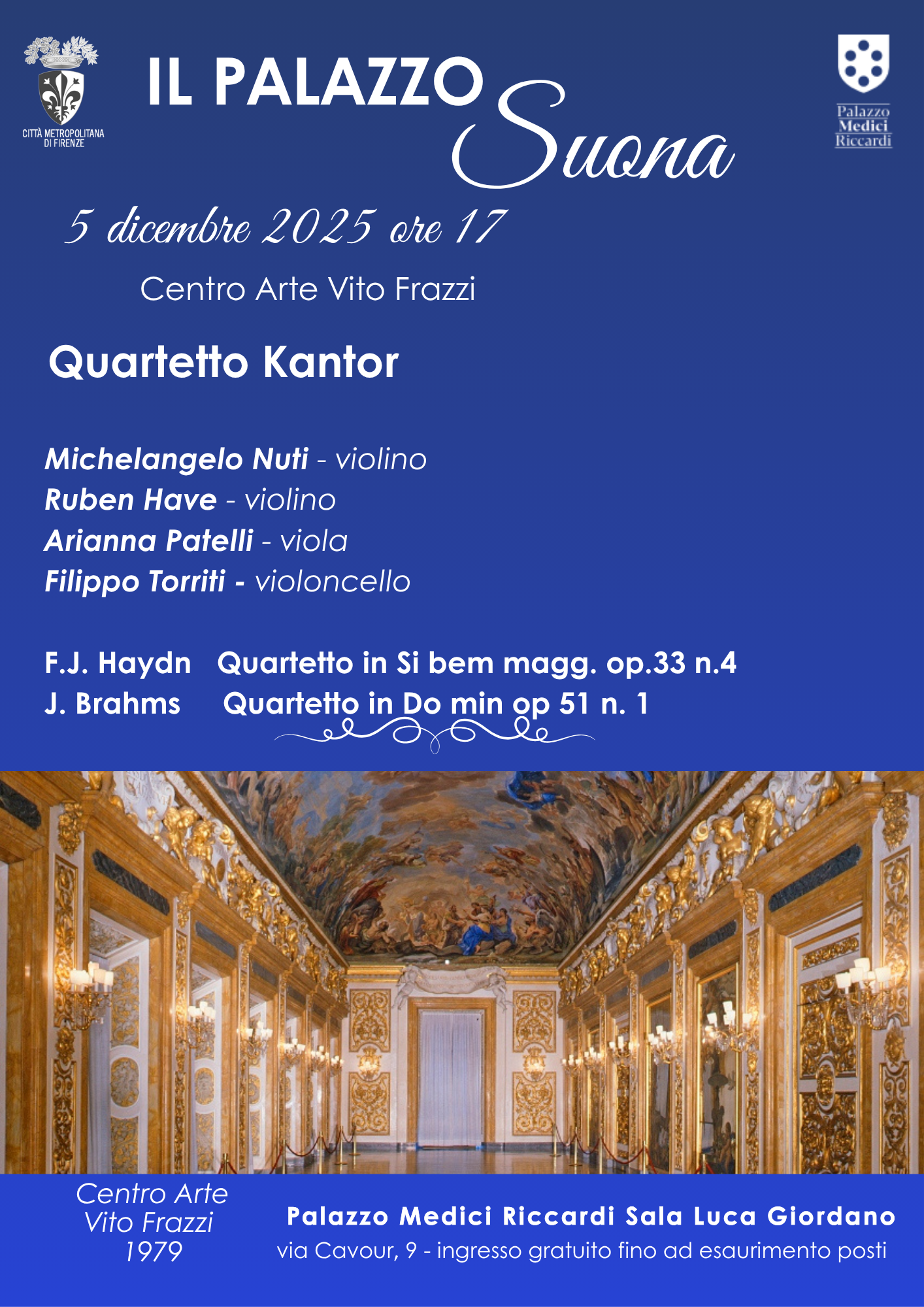 locandina con informazioni sul concerto del 5 dicembre del quartetto Kantor e foto del salone Luca Giordano che lo ospiterà