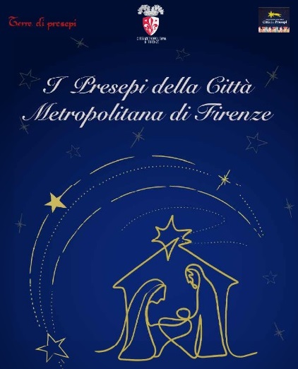 locandina "i presepi della città metropolitana di Firenze", immagine stilizzata di presepe su sfondo blu notte