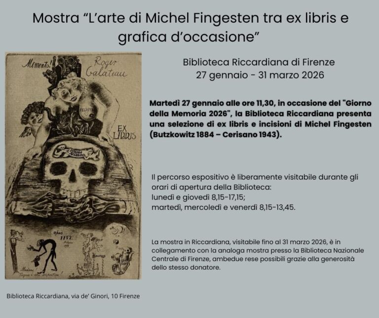 locandina che contiene info sull'esposizione e biografia dell'artista; sulla sinistra una sua incisione