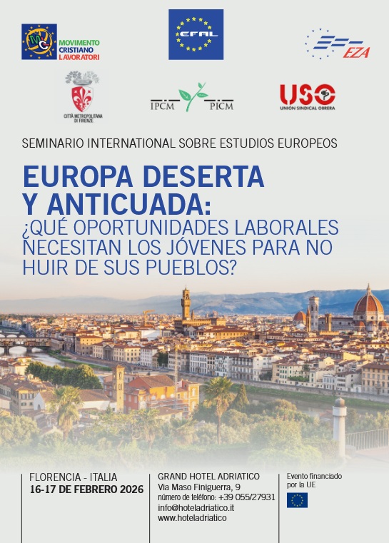 locandina con informazioni sull'evento"europa deserta y anticuada"; nella parte inferiore veduta di Firenze
