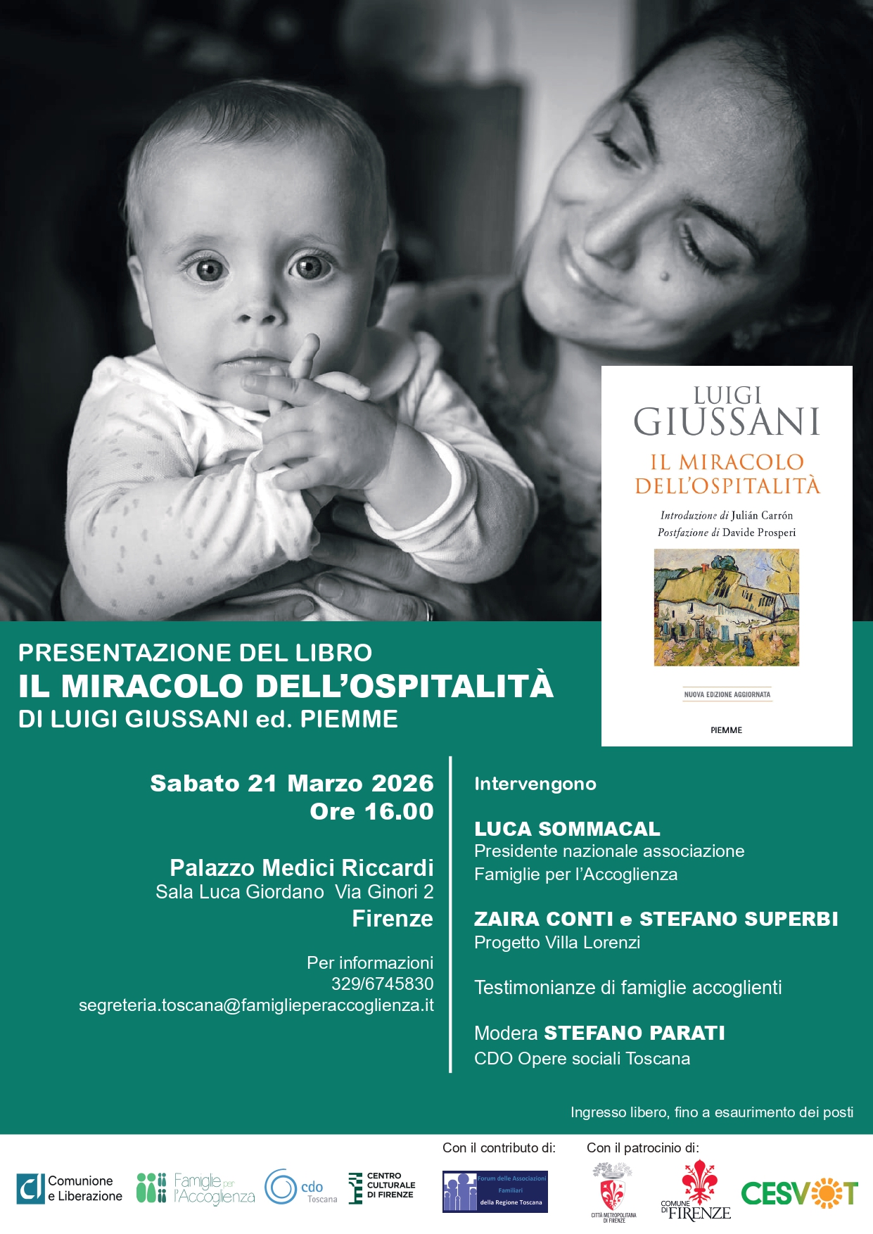 locandina con bimbo accanto alla madre e dettagli dell'incontro ‘Il miracolo dell’ospitalità’ di Luigi Giussani in Palazzo Medici Riccardi