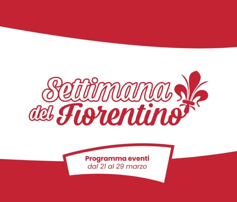 "settimana del fiorentino - programma eventi dal 21 al 23 marzo" in bianco e rosso con giglio