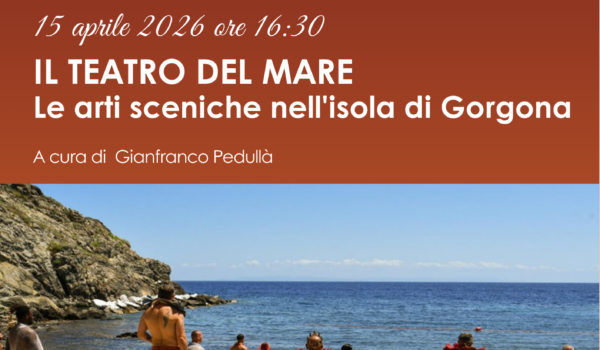 locandina con informazioni sull'evento e foto di un gruppo di uomini di spalle sulla spiaggia dell'isola di Gorgona