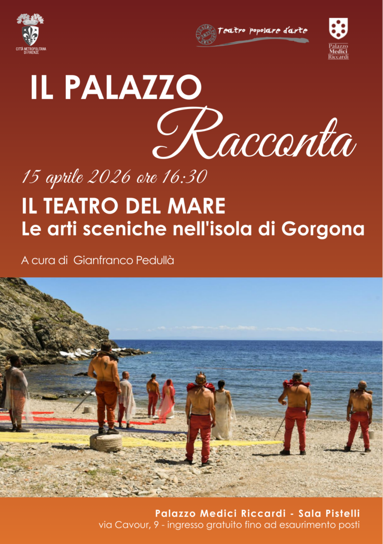 locandina con informazioni sull'evento e foto di un gruppo di uomini di spalle sulla spiaggia dell'isola di Gorgona