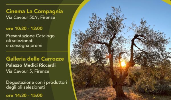 locandina con informazioni sull'evento con foto di olivo al tramonto