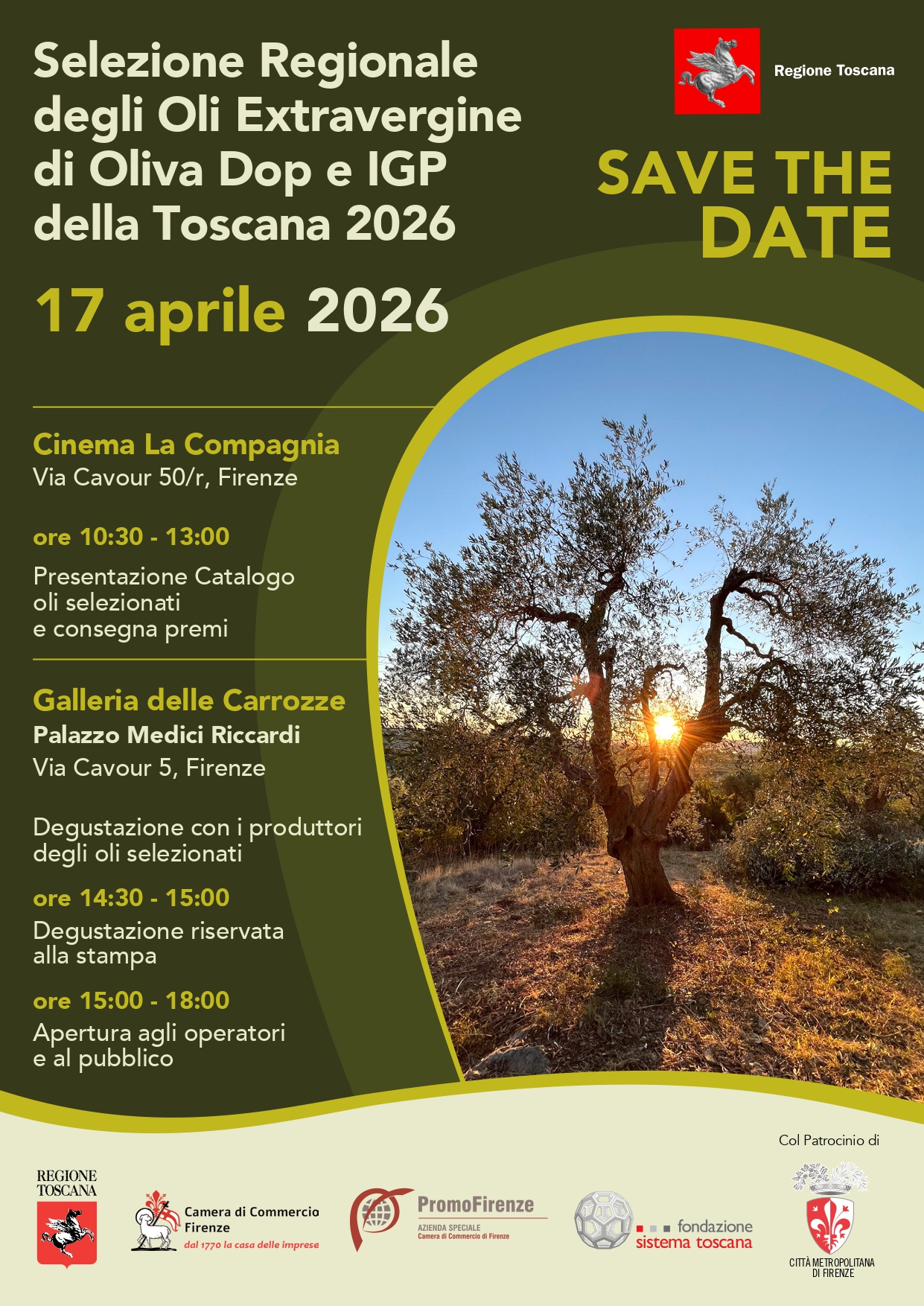 locandina con informazioni sull'evento con foto di olivo al tramonto