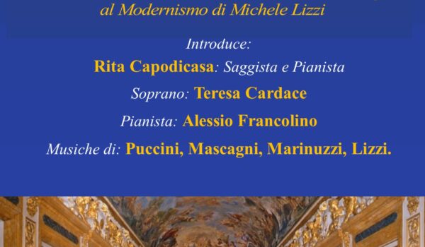 locandina con informazioni sul concerto dell'8 maggio 2026 e foto del salone Luca Giordano che lo ospiterà