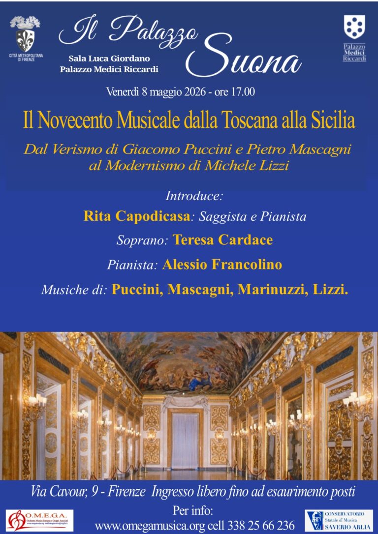 locandina con informazioni sul concerto dell'8 maggio 2026 e foto del salone Luca Giordano che lo ospiterà