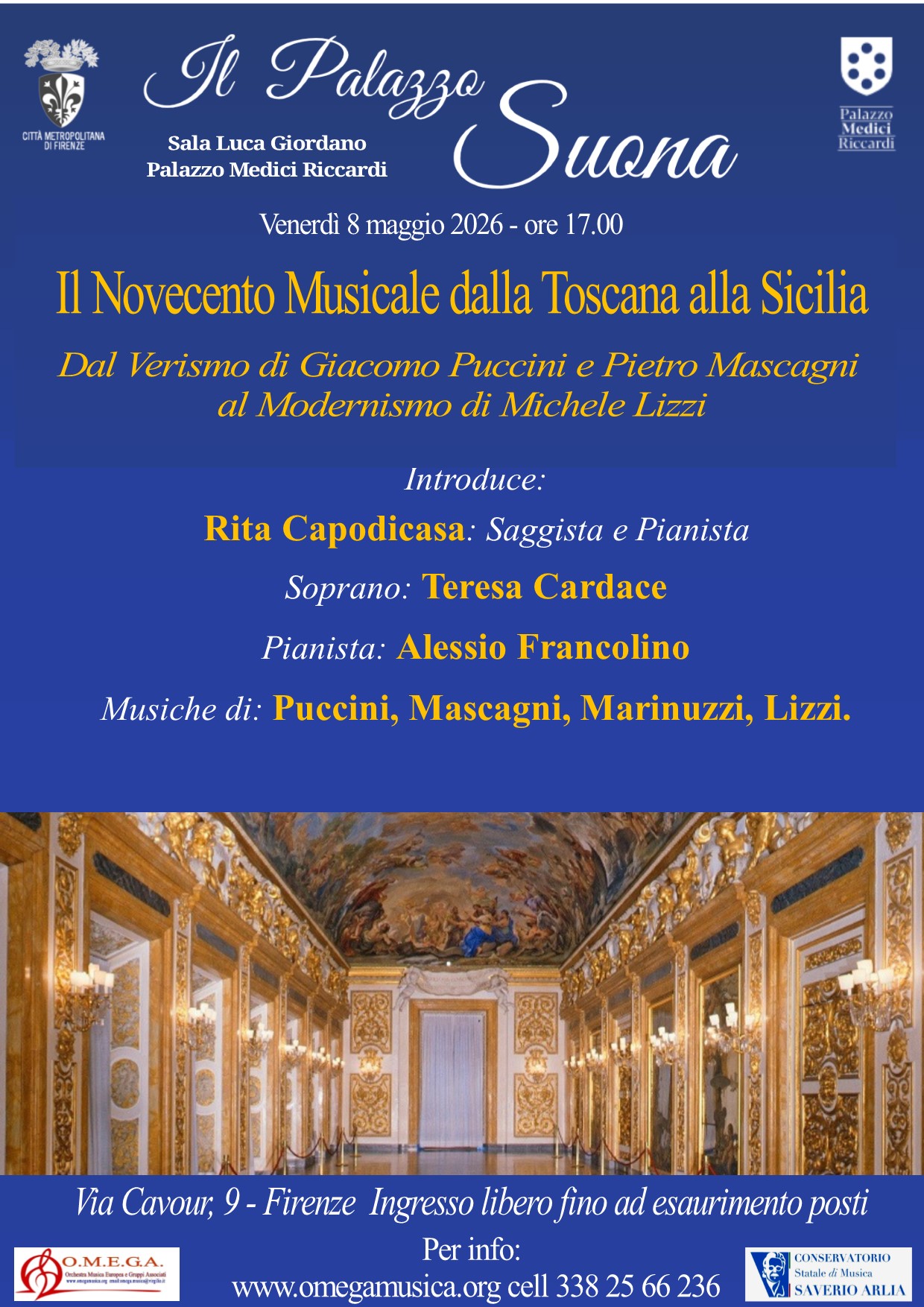 locandina con informazioni sul concerto dell'8 maggio 2026 e foto del salone Luca Giordano che lo ospiterà
