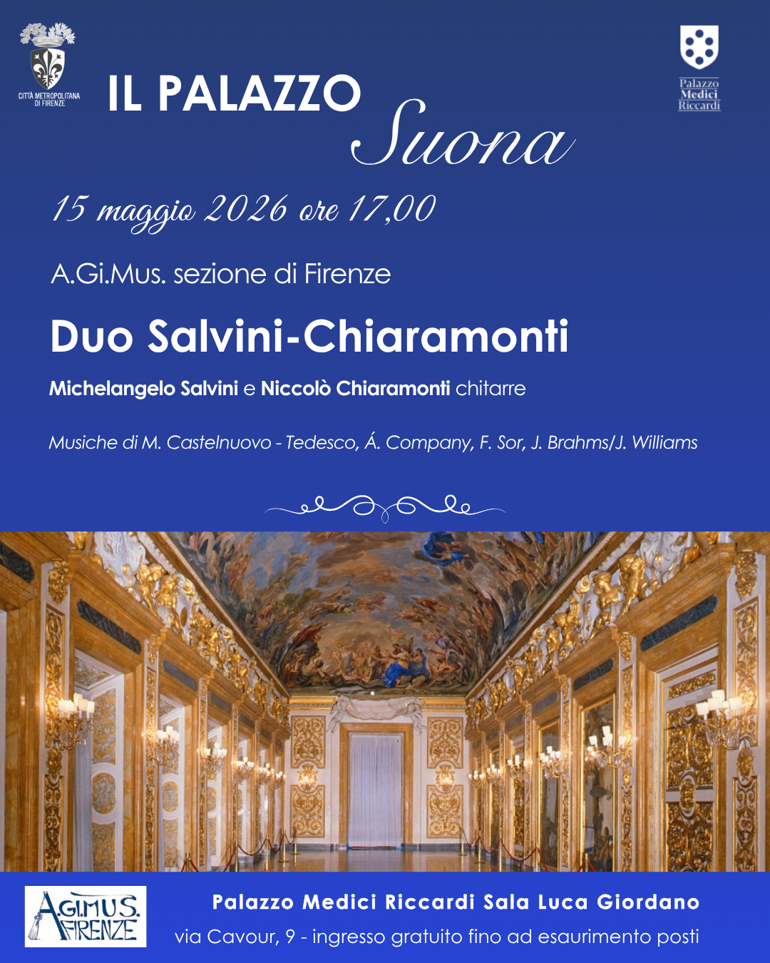 locandina con informazioni sul concerto di chitarre del 15 maggio ore 17 e foto del salone Luca Giordano che lo ospiterà