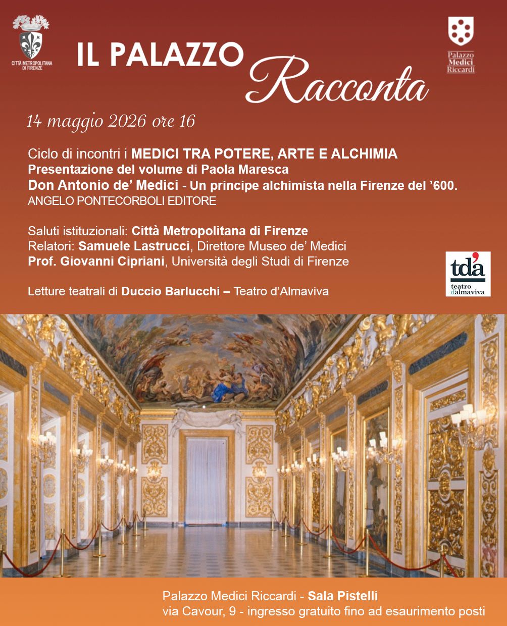locandina con informazioni sull'evento di presentazione del il volume di Paola Maresca dal titolo "Don Antonio de' Medici - Un principe alchimista nella Firenze del '600"., 14.5 ore 16 sala pistelli