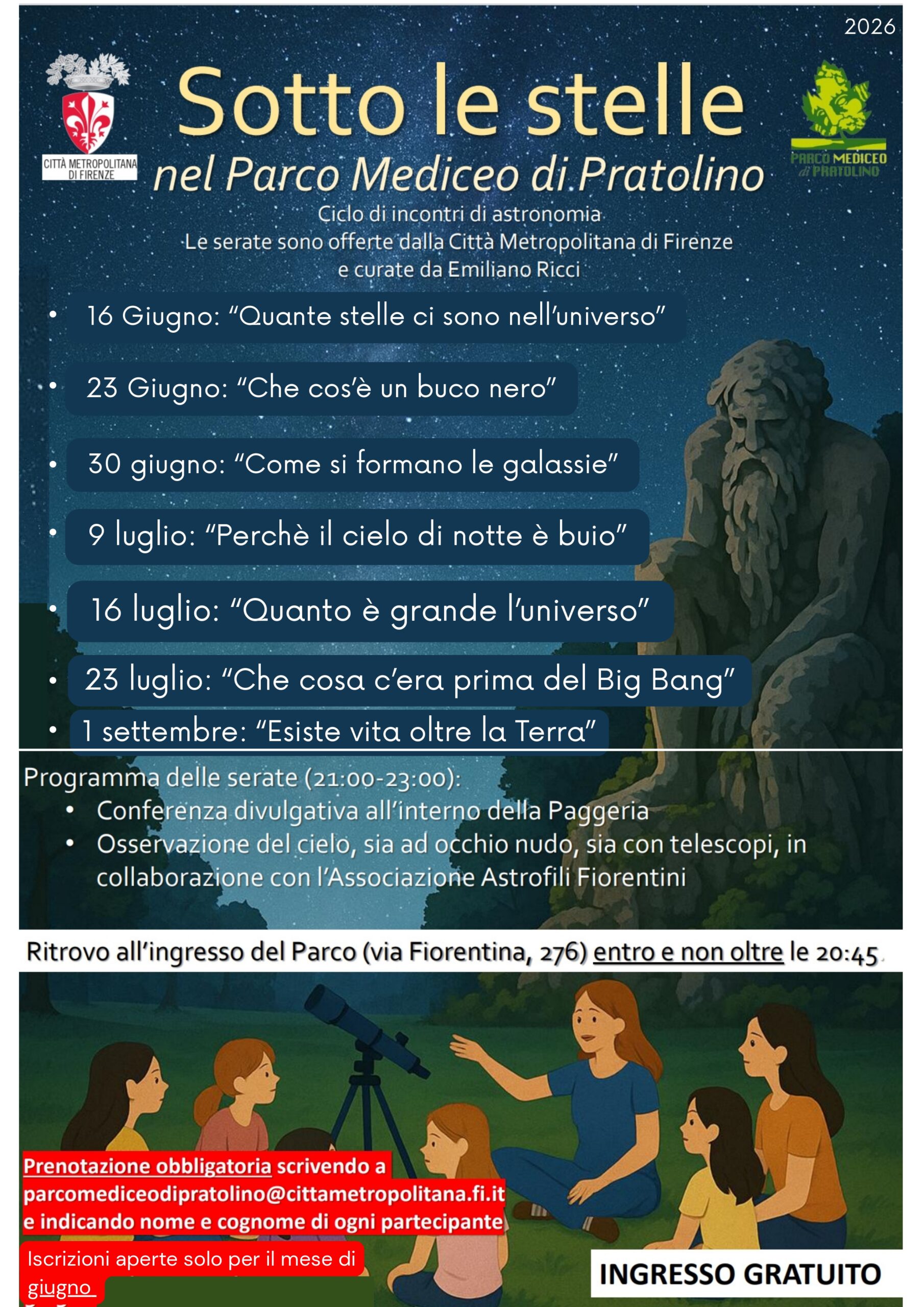 calendario osservazioni del cielo a Pratolino estate 2026