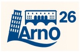 logo 'Arno 2026', con torre di pisa e ponte vecchio stilizzati