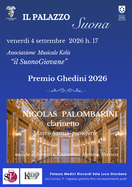 locandina con informazioni sul concerto di venerdì 4 settembre 2026 e foto della sala giordano che lo ospiterà
