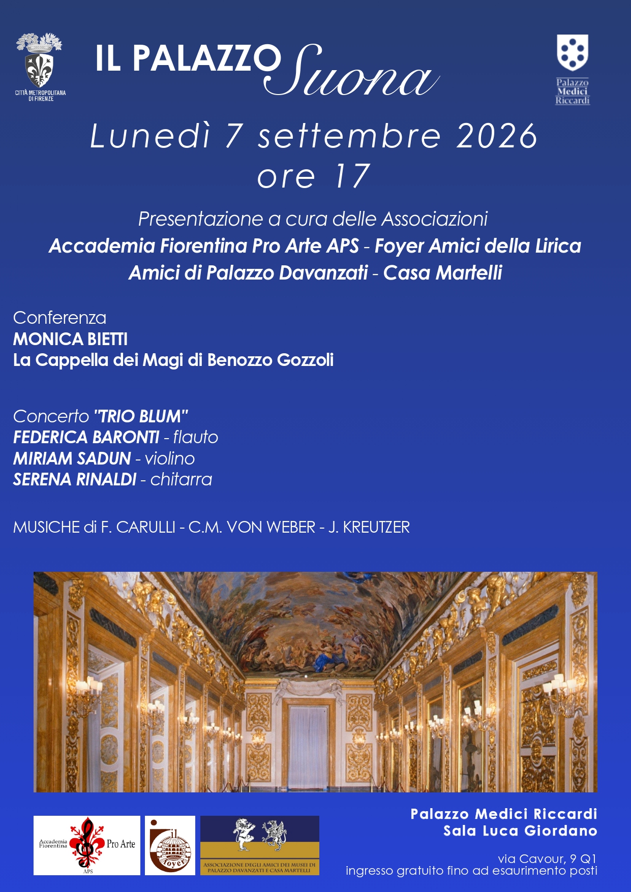 locandina della conferenza 'La Cappella dei Magi di Benozzo Gozzoli in Palazzo Medici Riccardi raccontata da Monica Bietti',lunedì 7 settembre alle 17 in sala Giordano