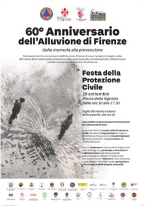 locandina '60° anniversario dell'alluvione di Firenze. Festa della Protezione Civile' con foto d'archivio e programma della giornata