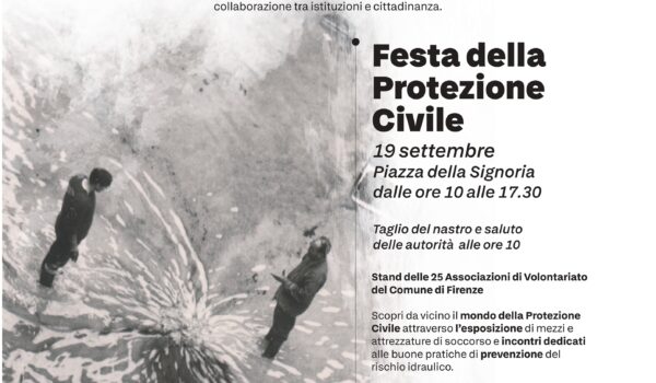 locandina '60° anniversario dell'alluvione di Firenze. Festa della Protezione Civile' con foto d'archivio e programma della giornata