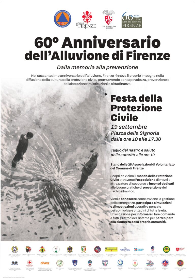 locandina '60° anniversario dell'alluvione di Firenze. Festa della Protezione Civile' con foto d'archivio e programma della giornata