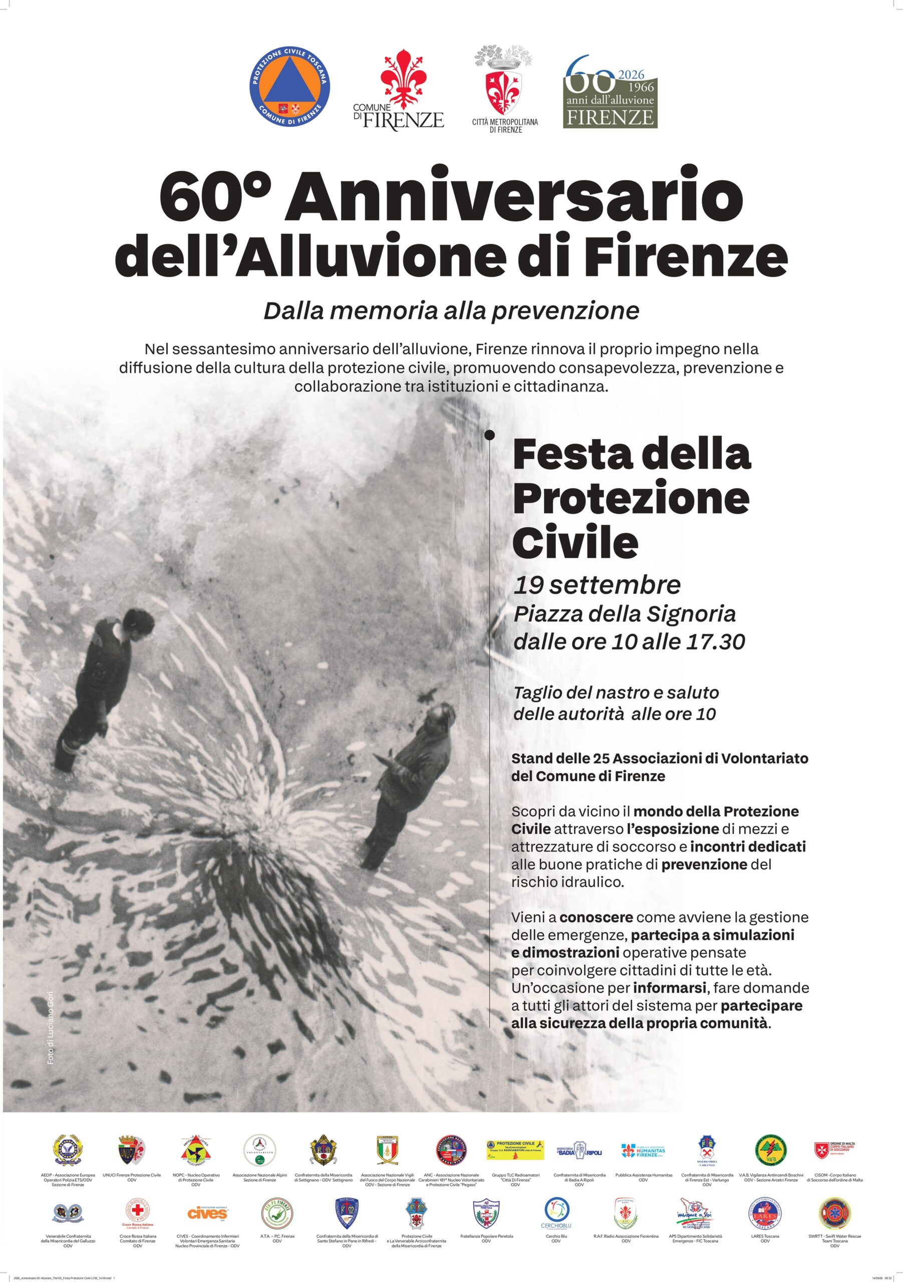 locandina '60° anniversario dell'alluvione di Firenze. Festa della Protezione Civile' con foto d'archivio e programma della giornata