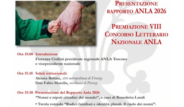 locandina con informazioni sull'evento e foto di mani di anziano e bambino