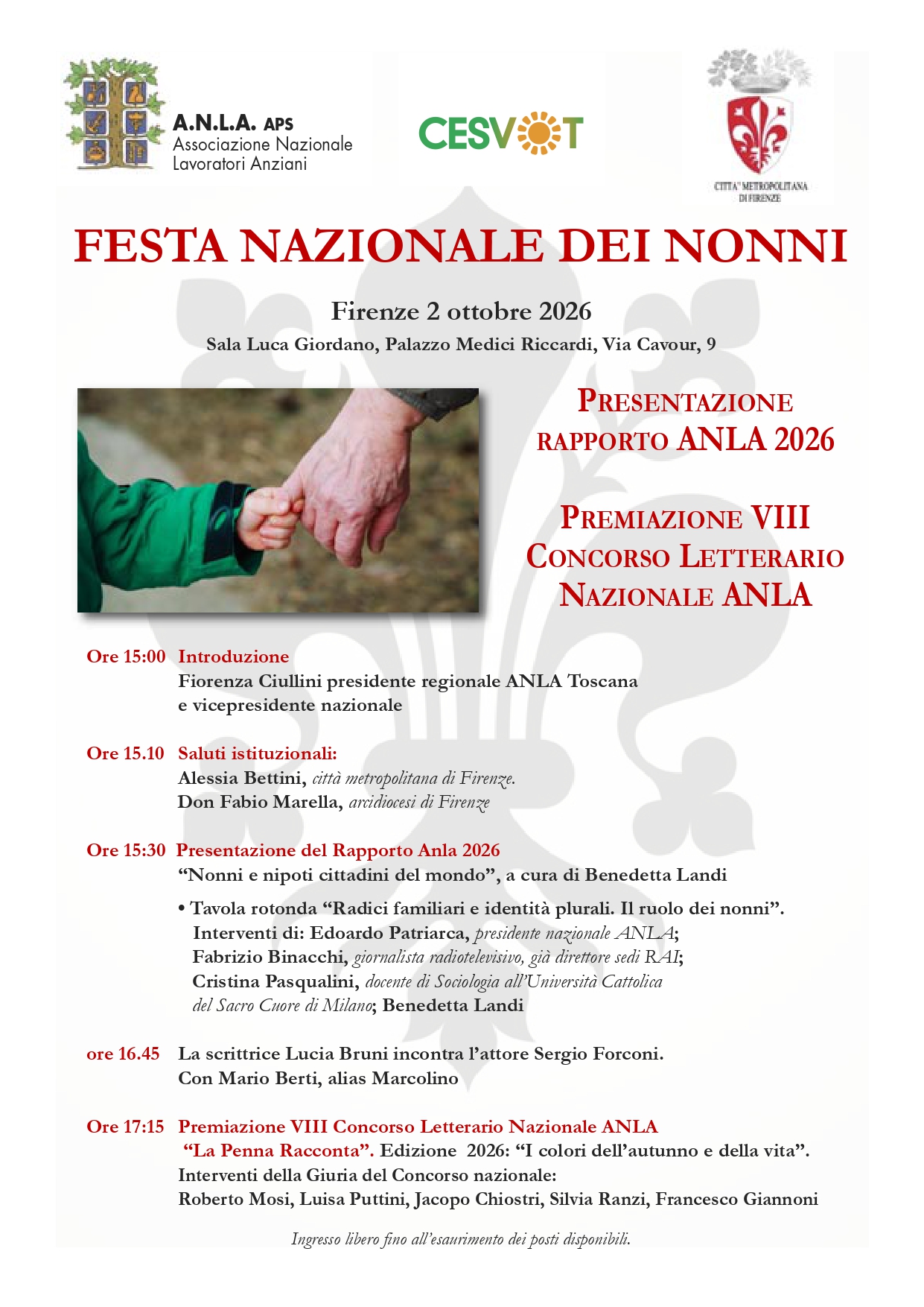 locandina con informazioni sull'evento e foto di mani di anziano e bambino
