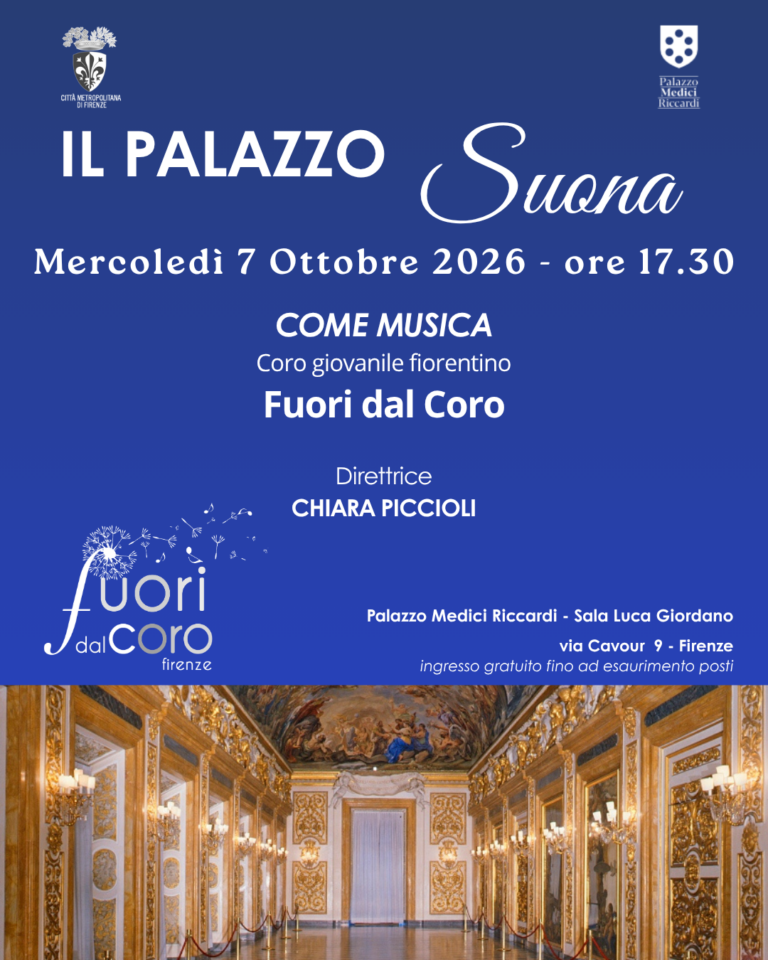 locandina con informazioni sul concerto 'come musica' del coro giovanile 'fuori dal coro', mercoledì 7 ottobre ore 17.30 in sala luca giordano
