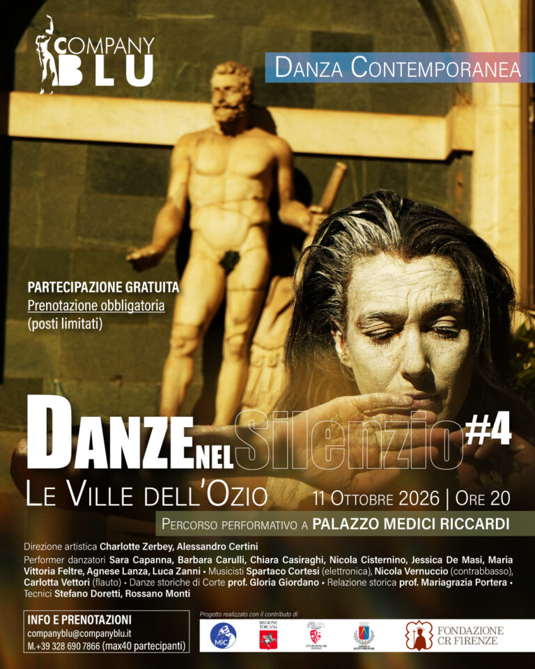 locandina con primo piano di performer e sullo sfondo statua di marmo raffigurante un uomo in piedi, con indicazioni riguardo l'evento di domenica 11 ottobre