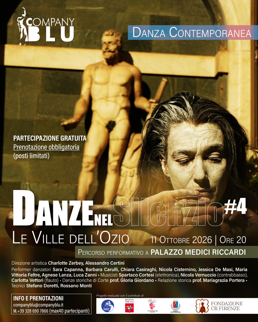 locandina con primo piano di performer e sullo sfondo statua di marmo raffigurante un uomo in piedi, con indicazioni riguardo l'evento di domenica 11 ottobre