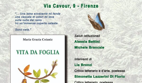 locandina con informazioni sulla presentazione del libro 'vita da foglia' di Coianiz con copertina
