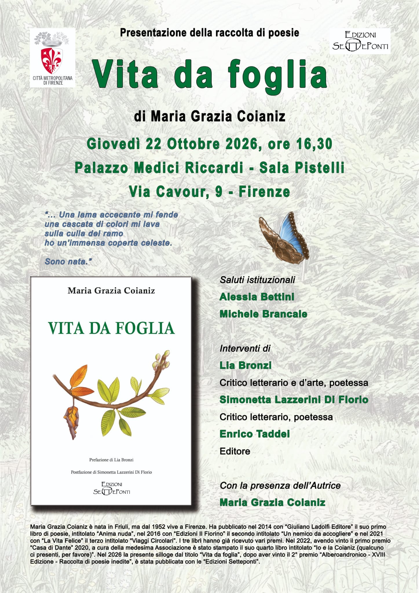 locandina con informazioni sulla presentazione del libro 'vita da foglia' di Coianiz con copertina