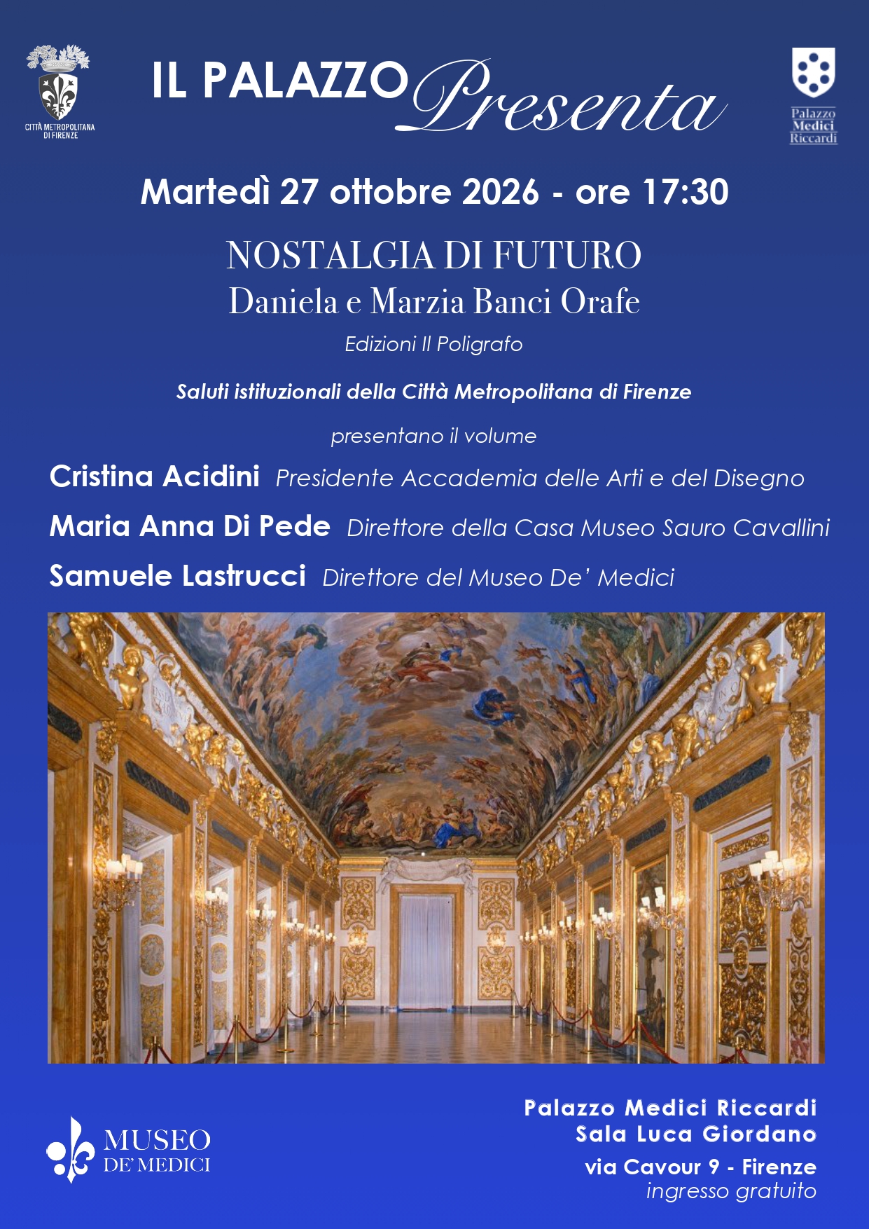 locandina con programma dell'evento di martedì 27 ottobre in sala Giordano "nostalgia di futuro", e foto della sala
